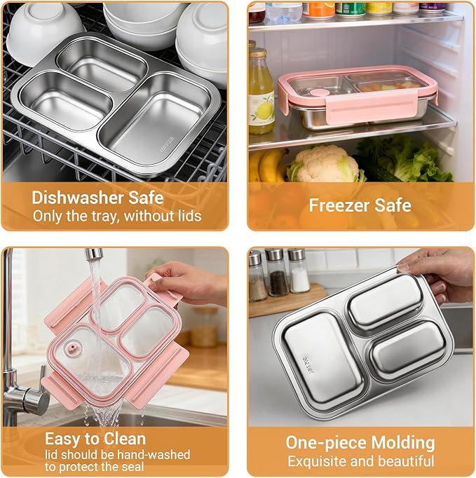 Premium 25oz SUS316L Stainless Steel Lunch Box Bento Box - Reusable Metal Snack Containers with Lids for Kids & Adults - Daycare/School/Work/Travel - Superior Corrosion-resistant (Pink)
