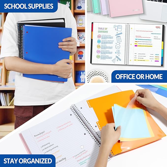 SUNEE 5 Subject Notebook College Ruled - 400 Pages, 9"x11", 5 Pocket Colored Dividers, 3-Hole Punched Paper, Blue