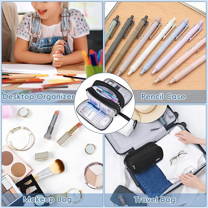Pencil Case Large Capacity, 3 Compartment Black Big Pen Pouch with Zipper | Durable Stationery Organizer, Portable Marker Pen Bag for Teens, College and High School Students, Adults and Teachers