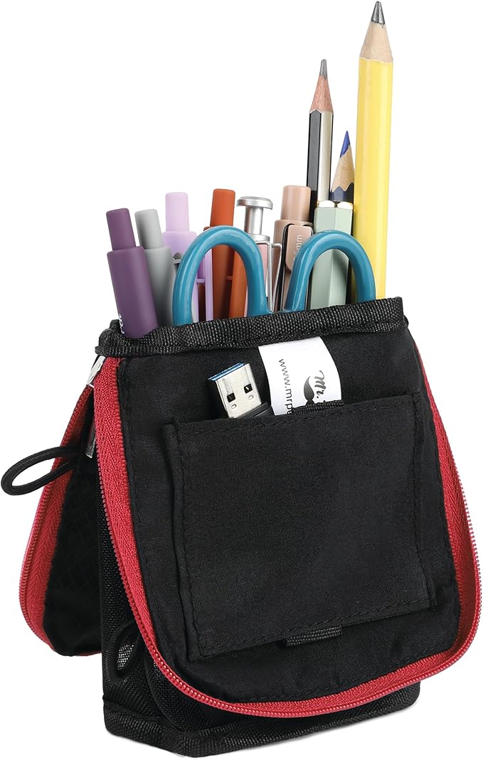 Mr. Pen- Standing Pencil Case Pouch, Sit & Lay Mesh-View Design, Black with Red Zipper, Interior Pocket & 2 Elastic Binder Loops, Cute Pencil Case for Girls and Boys