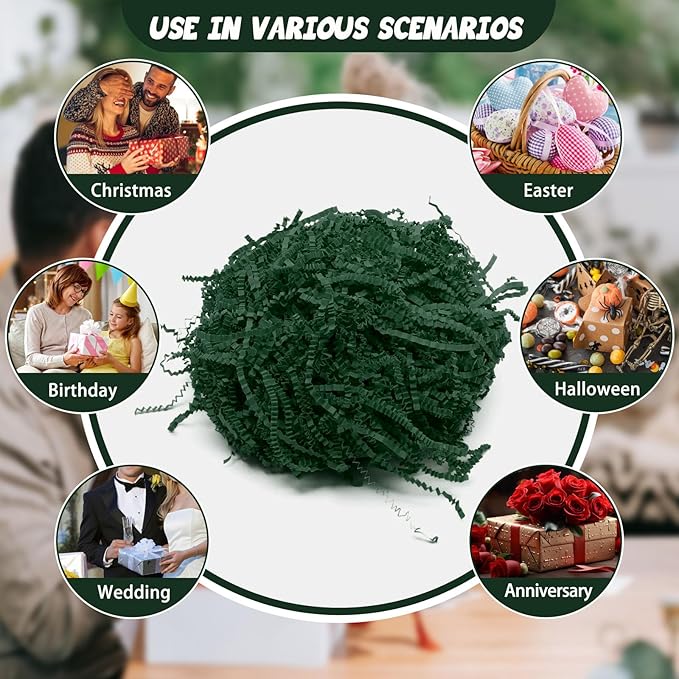 Tisspoms 1LB Dark Green Crinkle Cut Paper Shred Filler, Paper Shreds for Basket Fillers, Birthday, Gift Wrapping, Anniversary, Wedding, Halloween, Thanksgiving, Christmas Gift Decor Party Filler