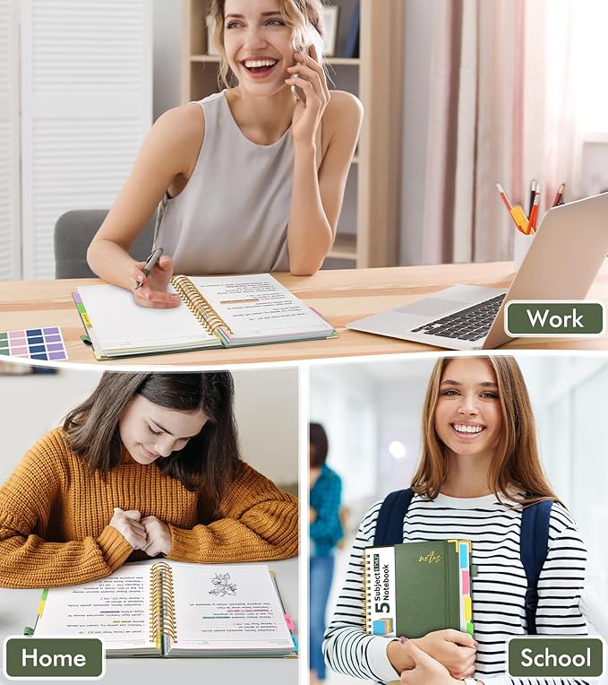 5 Subject Spiral Notebook Journal with Removable Dividers Tabs, 300 Pages Organizer Notebooks for Work School, A5 Hardcover Leather Notebook College Ruled, Lined Journal for Women Men,Sage