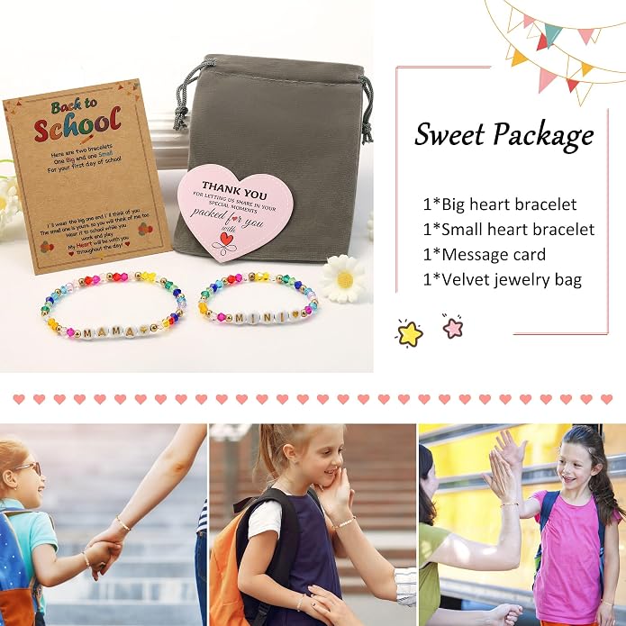 BAYLAY Back to School Bracelet - First Day of School Preschool/Kindergarten/1st Grade/2nd Grade/Back to School Stuff Gifts Supplies Mommy and Me Mommy Daughter Bracelets Heart Beaded Bracelets Gifts