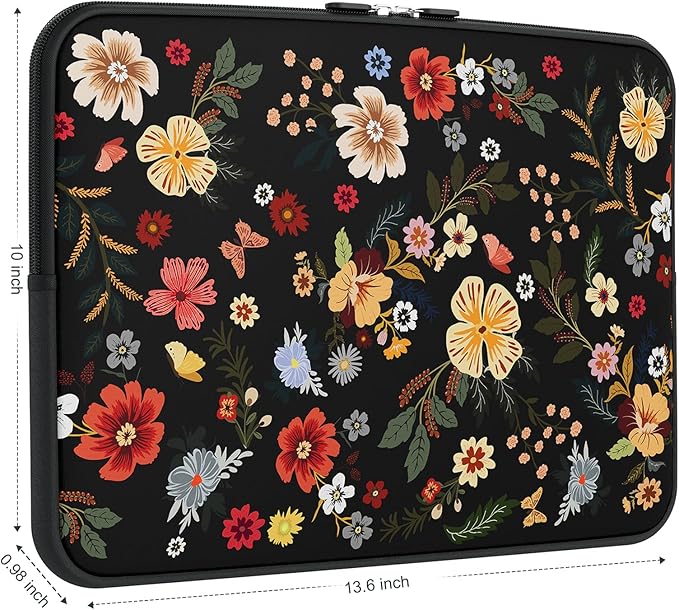 iCasso Laptop Sleeve 13 inch for MacBook Air 13-13.6 inch, Stylish Laptop case for MacBook Pro 13 inch, Slim Protective Travel Carrying Case for MacBook Pro 14 inch, Chromebook, HP, Dell, Black Floral