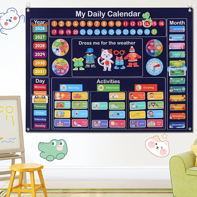 My Daily Calendar for Kids, 3.3Ft Felt Board for Toddler Kids Preschool Calendar for Classroom Circle Time Learning Center Days of The Week for Toddlers Learning Calendar Home Kindergarten Activities