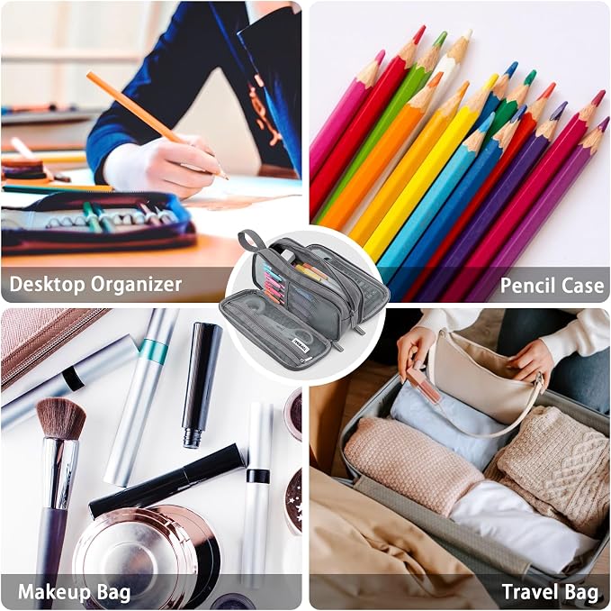TOPBIDAI Large Pencil Case Pouch for Girls Boy Women Men Adults | Big Capacity Canvas Pencil Bag, Office School Supplies, Multi Compartment Zipper Stationery Pen Box(Stone Grey)
