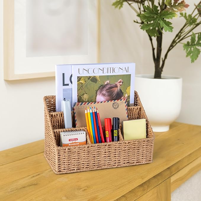 DINGTAI Rattan Desk Organizer, Tabletop Mail Holder, 5 Slot Mail Organizer Countertop Basket, Rattan Office Supplies, Boho Office Desk Accessories, Wicker Desk Organizer, Magazine Holder(Wicker)