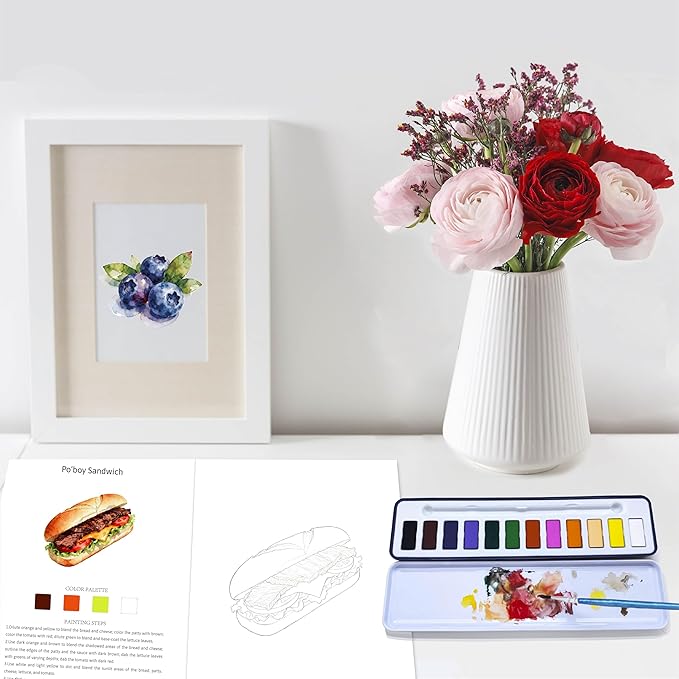 CraftyManor 2Pcs Watercolor Workbook Creative Water Color Paint Book Set with Paints & Brush, 12 Patterns of Original DIY Designs, Beginner-Friendly Adult Coloring Books (F&F)
