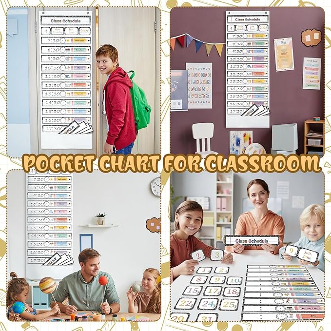 Daily Schedule Pocket Chart, 13+1 Pocket, with 77 Pcs Reusable Dry Eraser Cards Calendar Schedule Chart for Toddler Classroom Office Home Preschool Activity