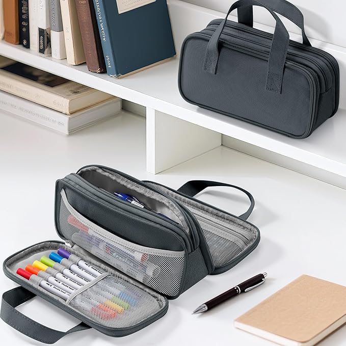 Zannaki Large Pencil Case, Big Capacity Pencil Pouch Pen Bag with 3 Compartment, Portable Canvas Stationery Organizer with Zipper, Cute Aesthetic School Supplies for Teen Girls Boys College,Gray