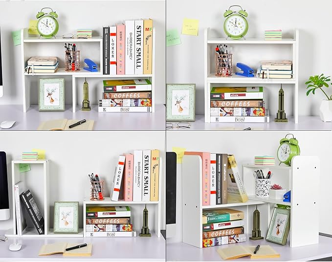PAG Desk Organizer Desktop Shelf Adjustable Countertop Bookshelf Small Table Shelves Book Organizer Office Organization for Desk, White
