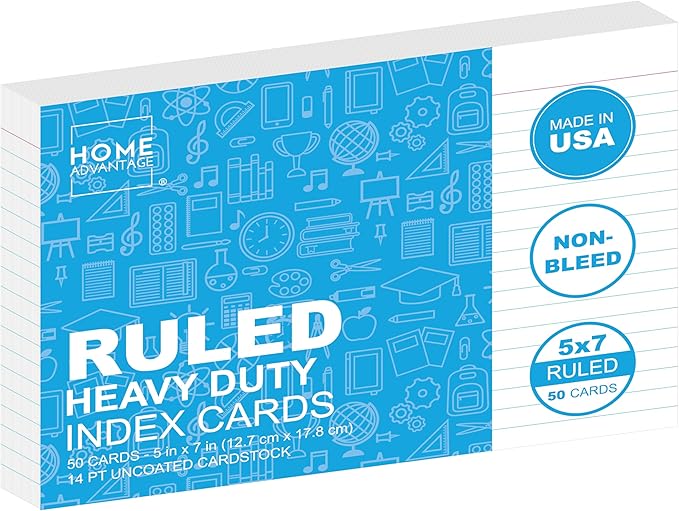 Home Advantage 5x7 Ruled Index Cards - Our 50 Pack of Lined Notecards Use Heavy Duty Cardstock to Make Them Bleed Proof – These Line Ruled Index Cards Make Perfect Flashcards & Note Cards