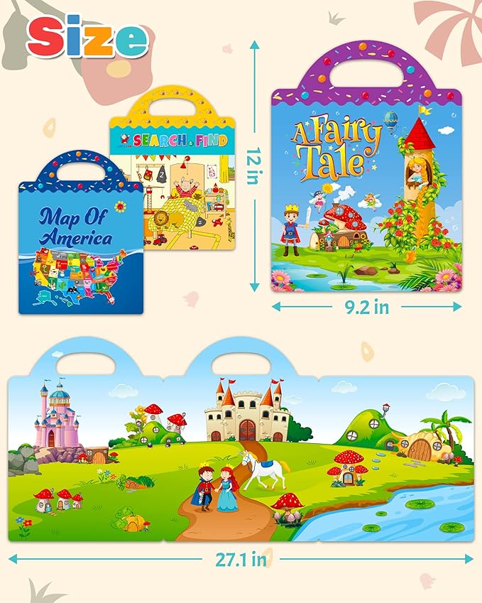 Benresive Reusable Sticker Book for Toddlers, Stickers for Kids, Travel Toys for Arts & Crafts Activities, Birthday Gift for Boys & Girls, America Map, Fairy, My House Themes