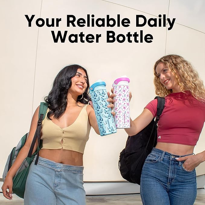 ENCOOL Leakproof Insulated Stainless steel Water Bottle with Straw Dual-Sip Water Bottle Bag-Safe Design for Work, BPA-Free Commute & Gym – Keeps Drinks Cold All Day, 24 oz, Glacier Butterfly