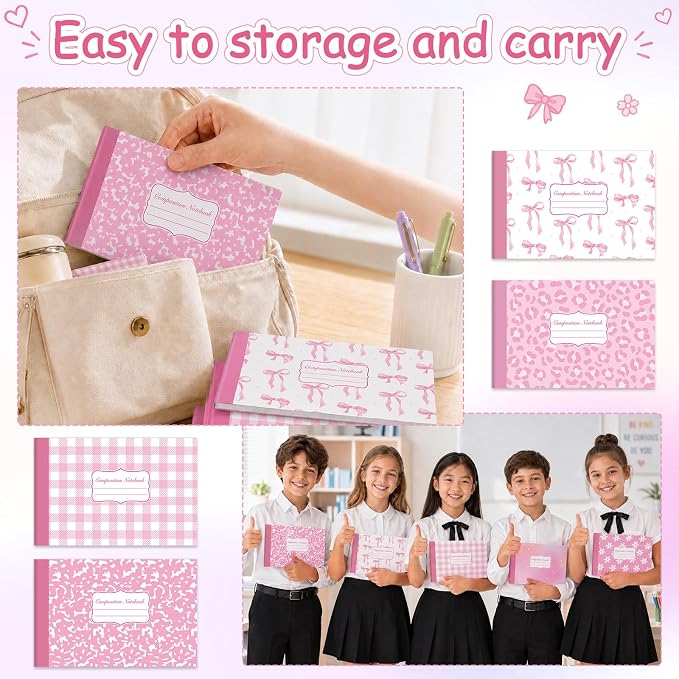 6 Pack Half Size Composition Notebooks Wide Ruled Marble Journal, Pink