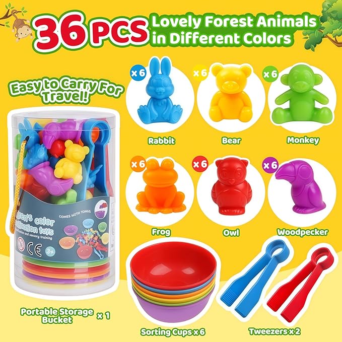 Counting Animals Color Sorting Matching Games with Sorting Bowls Montessori Sensory Early Educational Toys Learning Fine Motor Skill & Counting Math Toys Gift for 3 4 5 Year Old Boys Girls
