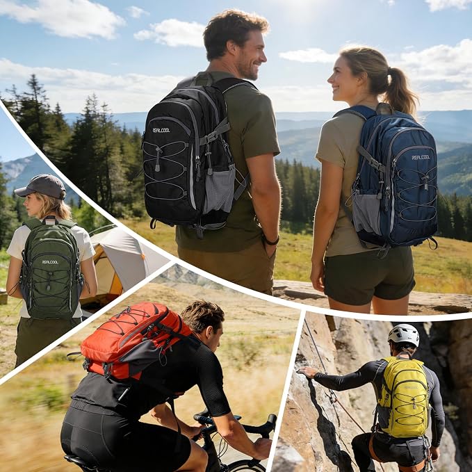 RealCool 30L Lightweight Hiking Backpack, Waterproof Daypack for Camping | 210D tear-resistant nylon, breathable shoulder and back panel, Multi-Compartment,hydration system,reflective strip,bungee net