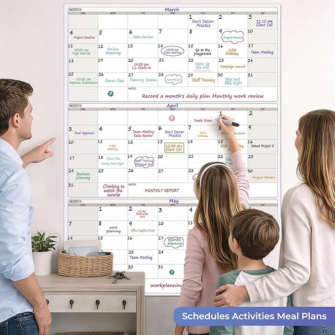 Extra Large Magnetic Dry Erase 3 Month Calendar for Wall, 46" x 63" Jumbo 90 Day Quarterly Whiteboard Calendar, Dual-Sided Magnetic Undated Planner with Big Blocks for Office & Family