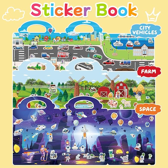3 Sets of Reusable Jelly Stickers Books - Jelly Sticker Books for Kids - Airplane and Car Travel Toys Educational Gifts for Boys and Girls(Vehicles+Farm+Space)