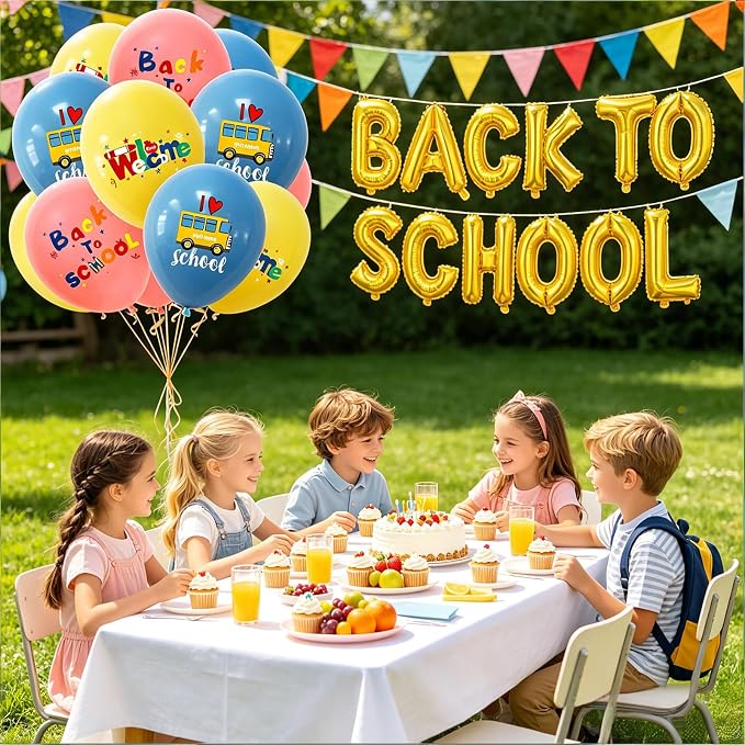 Back to School Balloons Decoration Kit, 16 Inch Gold Letter Balloon Banner, 12 Inch School Bus Printed Latex Balloons, Classroom Welcome Back Party Supplies for Students Teachers First Day of School