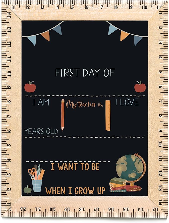 Bloom Owl First Day of School Chalkboard Sign - 11.5"x15" Reusable Back to School Photo Prop with Wooden Ruler Frame for Preschool, Kindergarten, and Beyond (Flags- Blue)