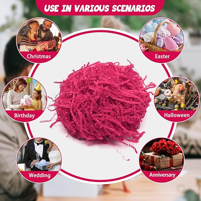 Tisspoms 1LB Hot Pink Crinkle Cut Paper Shred Filler, Paper Shreds for Basket Fillers, Birthday, Gift Wrapping, Anniversary, Wedding, Halloween, Valentine's Day, Christmas Gift Decor Party Filler