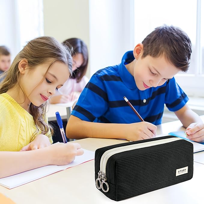 KALIDI Large Pencil Case Corduroy Pencil Pouch Box Cute School Supplies for Teen Girls Boys, Black