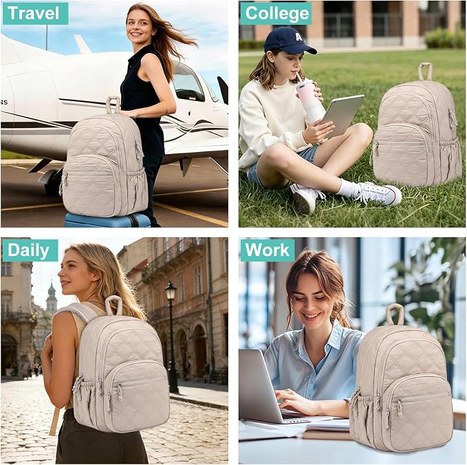 Travel Laptop Backpack for Women - 15.6 Inch College Backpacks Quilted Computer Bookbag Lightweight Casual Daypack Water-Resistant Backpacks for Students Teacher Work Camel