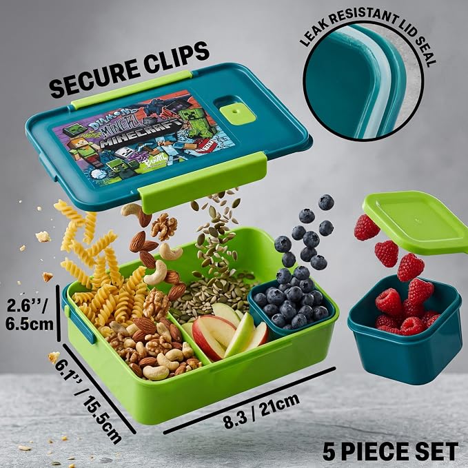 Get Trend Minecraft Kids Lunch Box 3 Pc Set with Insulated Lunch Bag, Bento Box with Two Mini Pots & 20 fl oz Water Bottle with Straw for School, Picnic, Creeper Gamer Gifts for Boys (Multi Minecraft)