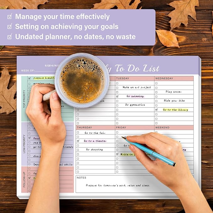 Weekly To Do List Notepad - 52 Undated Glue Bound Tear-Off Sheets (8.5"x11") for Desk Planning | Home, Work & School Organization Pad for Women & Men (Purple)