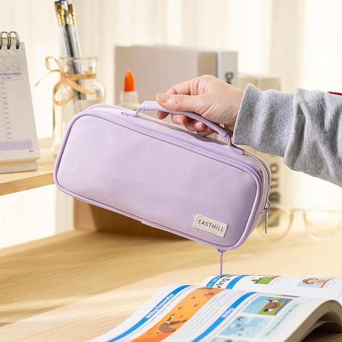 EASTHILL Large Capacity Pencil Case Pen Pouch Organizer Canvas Pencil Bag with Handle School Supplies for Teen Girls-Purple