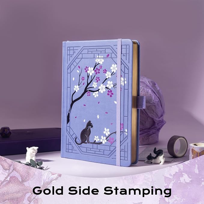 TIEFOSSI A5 Dotted Journal, Cute Cat Journal for Women Girls, Dot Notebook with Pretty Sakura Pattern, Aesthetic Diary for Writing Journaling Drawing, Golden Edges
