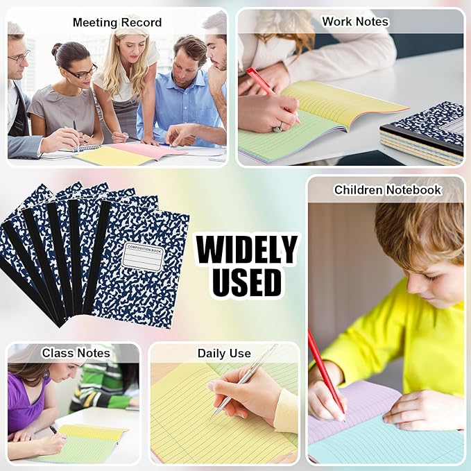 Henoyso 6 Pcs 120 Pages Colored Paper Notebooks 9.75 x 7.5 Bright Colors Lined Paper Notebook Wide Ruled Marble Notebooks Journals Bulk for Office School Supplies(Deep Blue Cover)