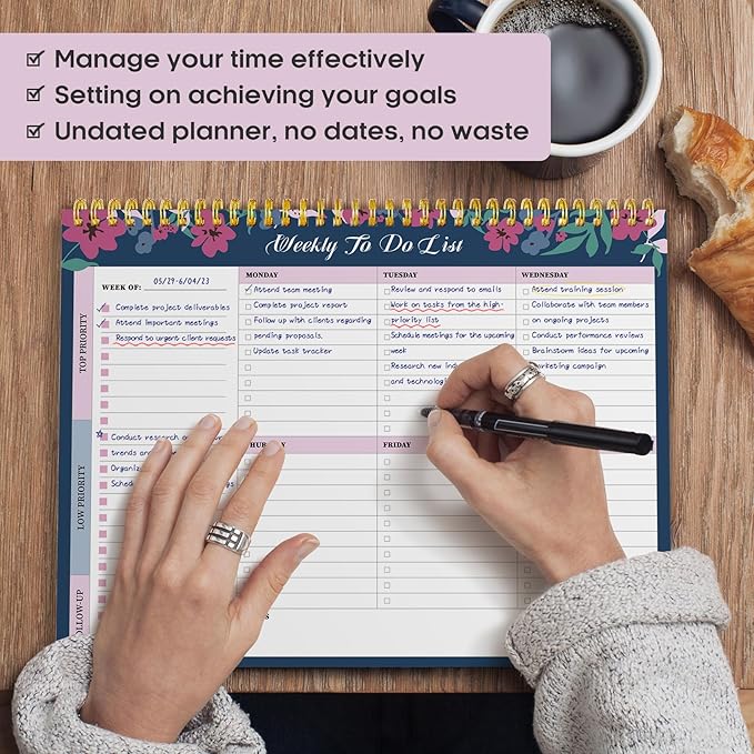 Taja Weekly To Do List Notepad with 52 Undated Sheets(8.5"×11")- Weekly Desk Planner for Women & Man, Work and Home - 1 Pack Twilight Petals