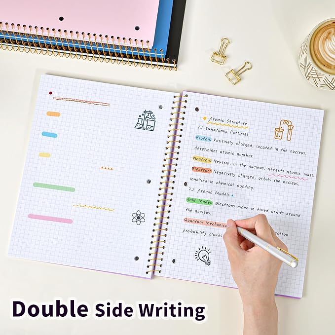 MUAHLIUB Graph Paper Notebook,1 Subject 80GSM Thick Grid Paper Notebook 8" x 10-1/2",Hardcover Spiral Notebooks for School Work Women Men, Graphing Notebook Journal for Writing,3-Hole Punched Purple