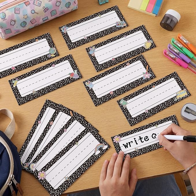 Gueevin 49 Pcs Back to School Magnetic Name Tag and Erasable Pencil, Composition Dry Erase Magnetic Labels Reusable Black Notebook Name Tags for Classroom Whiteboard Bulletin Board Refrigerator Craft
