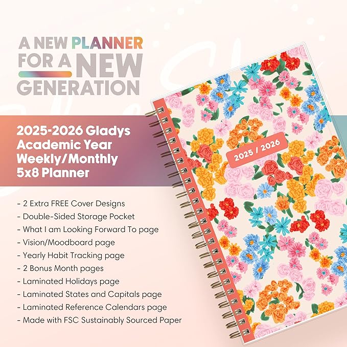 Blue Sky Gen Z 2025-2026 Weekly and Monthly Academic Year Planner Calendar, July 2025 - June 2026, 5" x 8", Flexible Interchangeable Cover, Wirebound, Laminated Tabs, Storage Pocket, Gladys