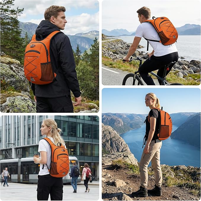 Ultra-Light Soft Daypack 15L/20L, Cushioned Breathable Back Panel Backpack, Lightweight Packable Travel Backpack (Orange, 15L)