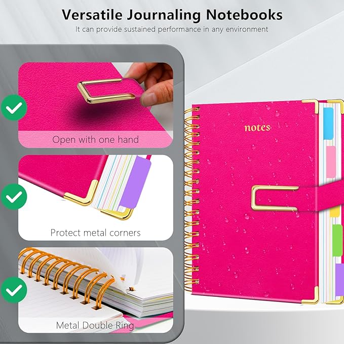 Hardcover Spiral Notebook College Ruled, 6.2"x 8.2" Leather Journal Notebook with Magnetic Closure, 300 Pages 5 Subject Notebook with Dividers Tabs Journal for Women Men, Work, School(Rose Red)