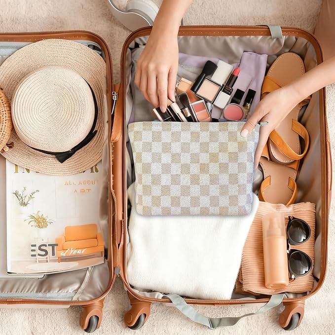 STARDW Checkered Makeup Bag Cosmetic Travel Bag, Toiletry Bag for Women | Canvas Lined Makeup Pouch for Skincare, Brushes, Toiletries & Travel Essentials, Cute Purse Organizer Pouches with Zipper