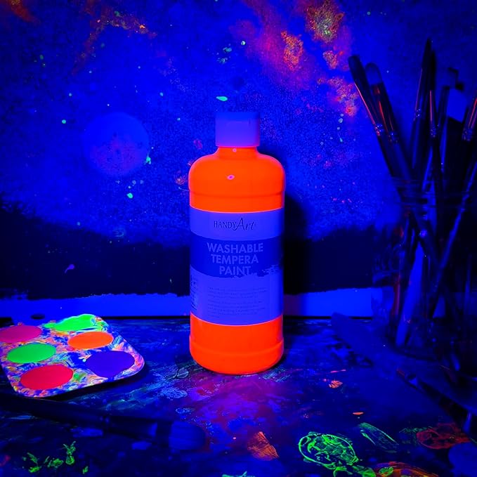 Handy Art Washable Tempera Paint, Fluorescent Orange, 16 oz Bottle, Bright & Mixable, High Opacity, Glows UV Neon with Blacklight, Students, Kids, Young Artists, Safe & Non-Toxic, Made in USA