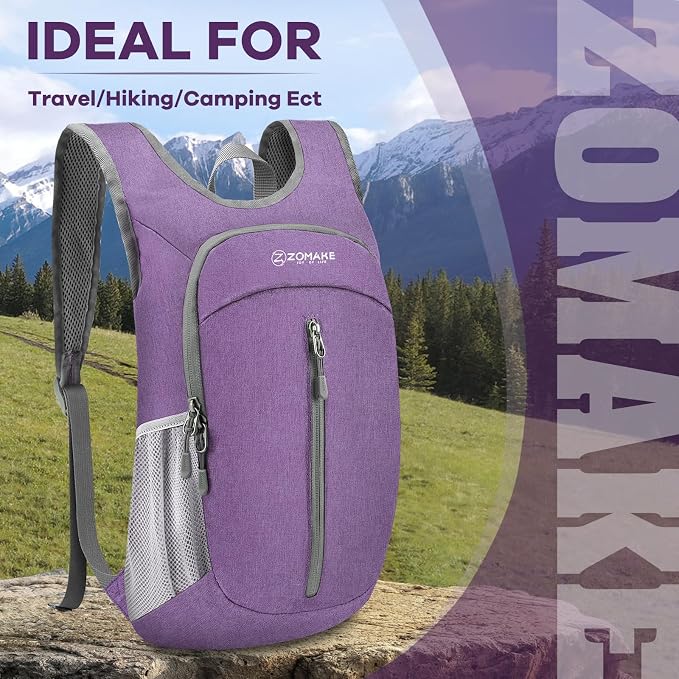 ZOMAKE Lightweight Packable Backpack, 10L Small Foldable Daypack for Hiking | Water Resistant Collapsible Backpacks for Women Men,Everyday Carry,Multi Compartment Storage,Adjustable Strap(Light PurpleA1)