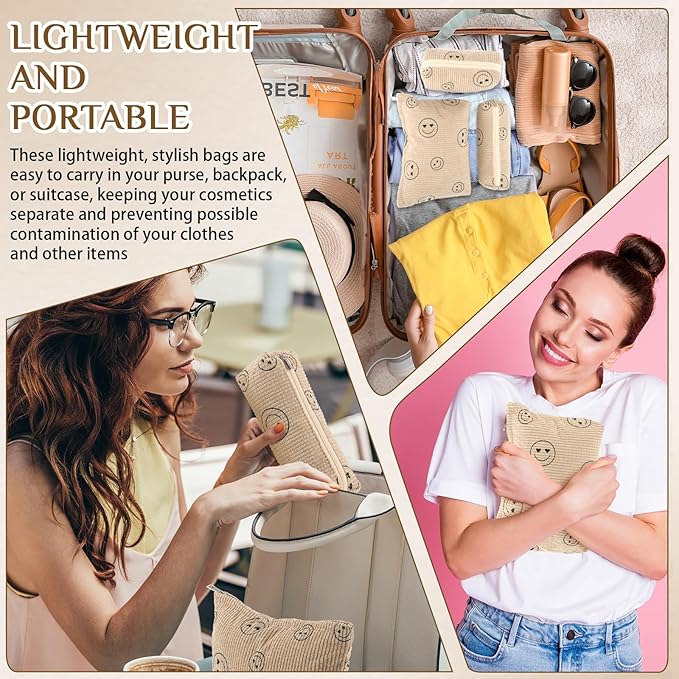 Huhumy 3 Pcs Makeup Bag Set for Women Corduroy Cosmetic Pouch Aesthetic Smile Travel Toiletry Bag Cute Purse Pouch Pencil Case Makeup Brushes Storage Organizer with Zipper(Khaki,Smile Face)