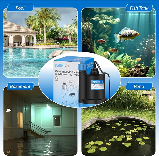 1/3 HP Submersible Water Pump 2400GPH Small Sump Pump Thermoplastic Electric Portable Transfer Utility Pump Clean for Swimming Pool Basement Garden Pond