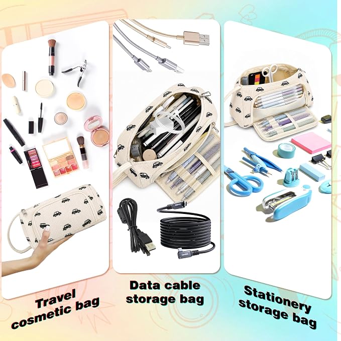 Big Capacity Pencil case,Soft Corduroy Pencil Bag with 3 Compartment Pouch Bag for School Supplies Office for Teen Girls Boys Women Man (Black Car)