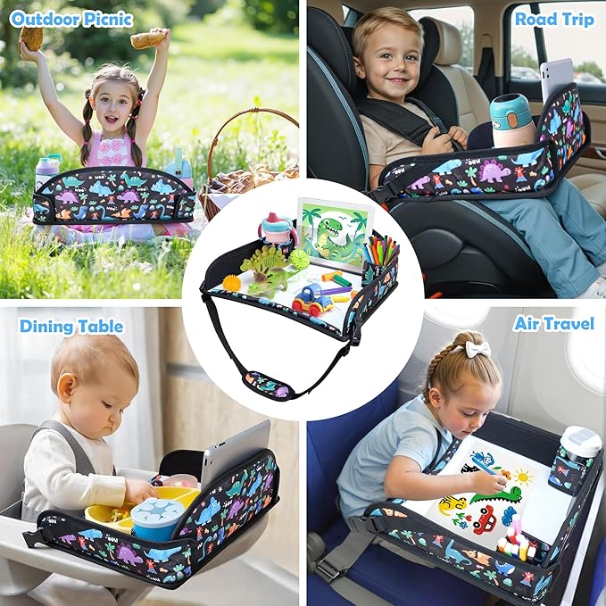 2Pcs Kids Travel Tray for Toddler Carseat, Road Trip Activities Essentials for Toddler, Kids Lap Desk Tray with Tablet Holder Stand & Dry Erase Board (Dinosaur-2Pcs)