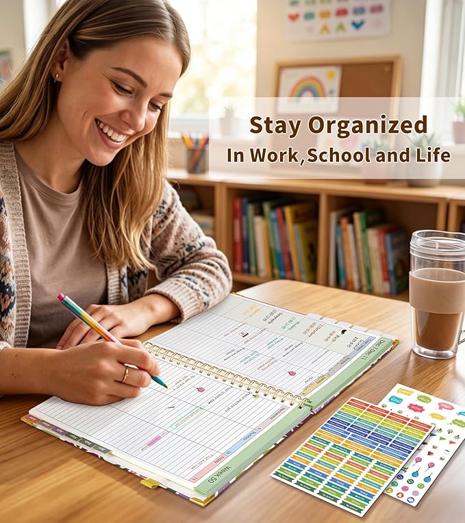 Teacher Planner 2026-2027, July 2026 - June 2027, Academic Weekly & Monthly Calendar Planner with Tabs, 8.5" x 11" A4 Teacher Lesson Plan Book with 7 Periods, Daily Agenda School Organizer for Teacher Student Homeschool Abstract Flowers