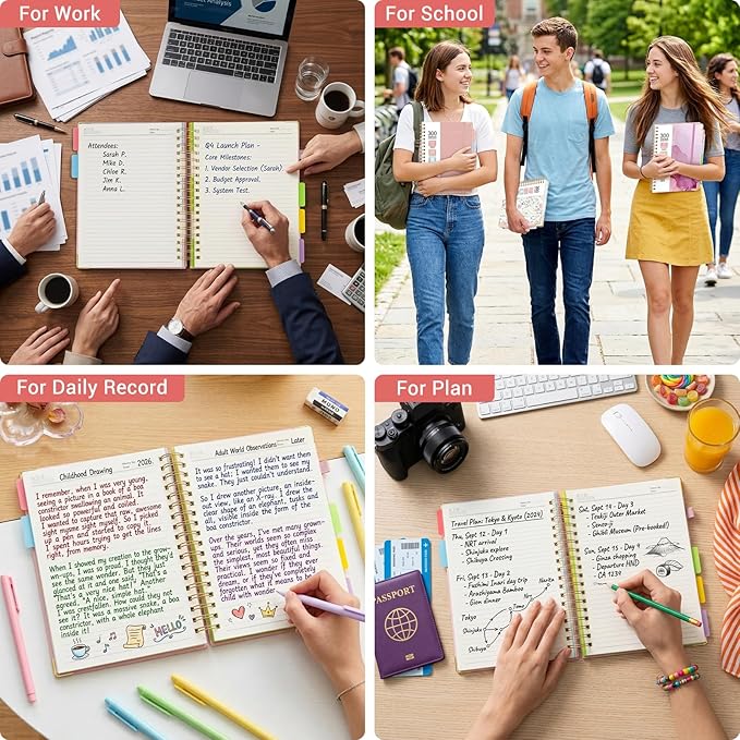 Hardcover Spiral Journal Notebook, 300 Pages 5 Subject Notebook College Ruled with Removable Dividers Tabs, 8" x 10" Notebooks for Work, Spiral Ruled Lined Writing Journal Hardcover Leather Notebook for School (Blue and pink flowers, 8''x 10'')
