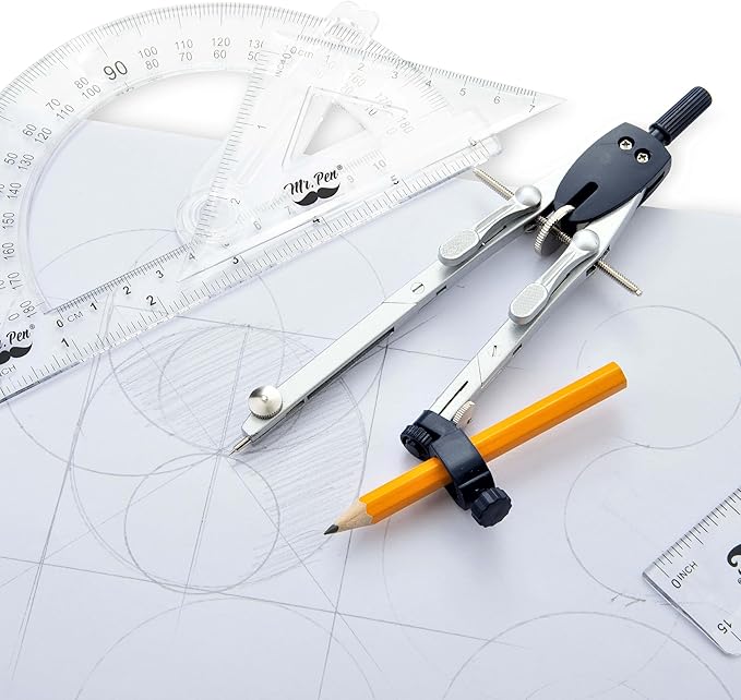 Mr. Pen- Professional Metal Compass Set, 7 pcs, Precision Drafting Compass with Extension Leg, Pencil Holder, Extra Lead & Needles, Geometry Tool for Drawing Circles, Math, Engineering & Design