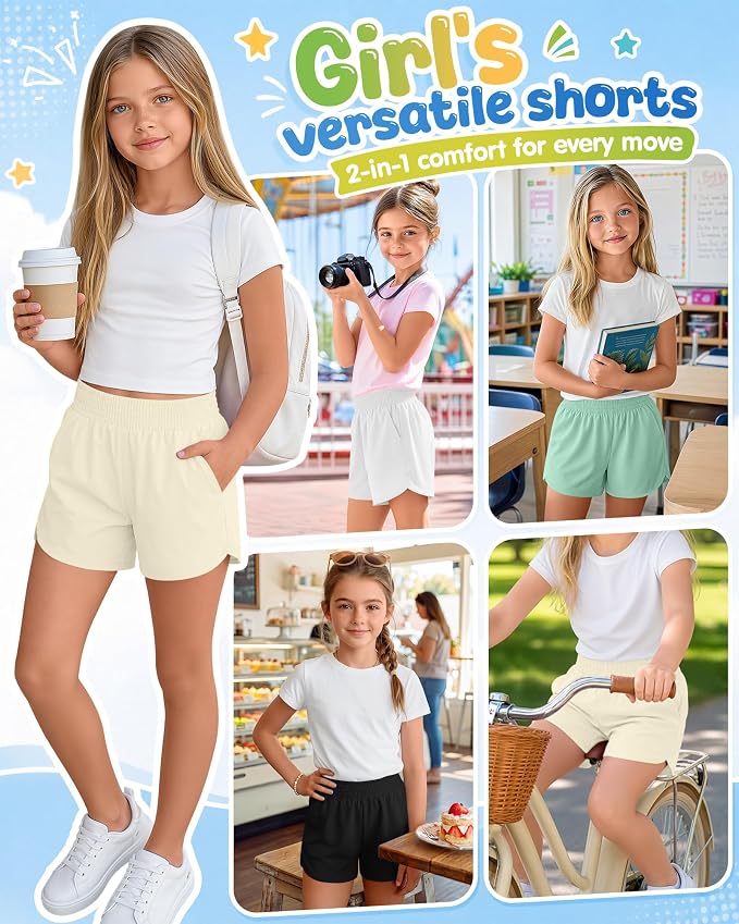 4 Pack Girls Athletic Shorts 2 in 1 Quick Dry High Waist Tween Shorts with Liner Kids Back to School Running Shorts